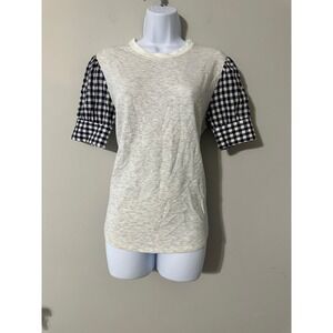DREW Women's Size S Beige Heathered T-Shirt with Navy Gingham Puff‎ Sleeves